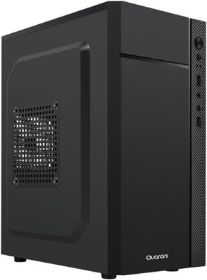 GABINETE QUARONI FRENTE ABS / NEGRO CON FRANJA TIPO FIBRA DE CARBONO / MICRO ATX / MINI ITX / FUENTE DE PODER INCLUIDA DE 500W